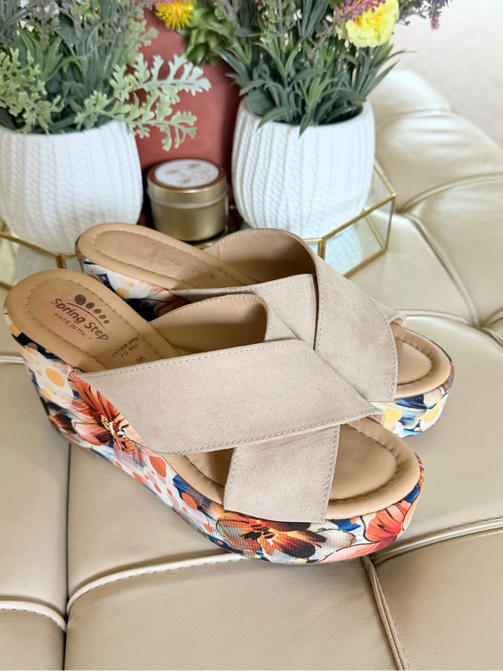 Spring Step Neutral Suede Crossband Floral Platform Wedges